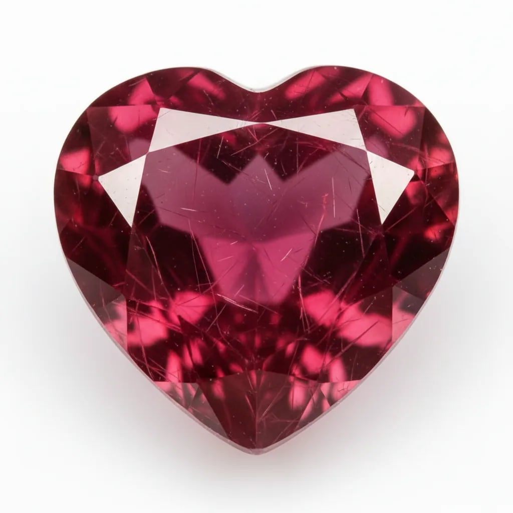 Close-up of vivid red heart-shaped ruby showing color saturation and clarity under professional lighting