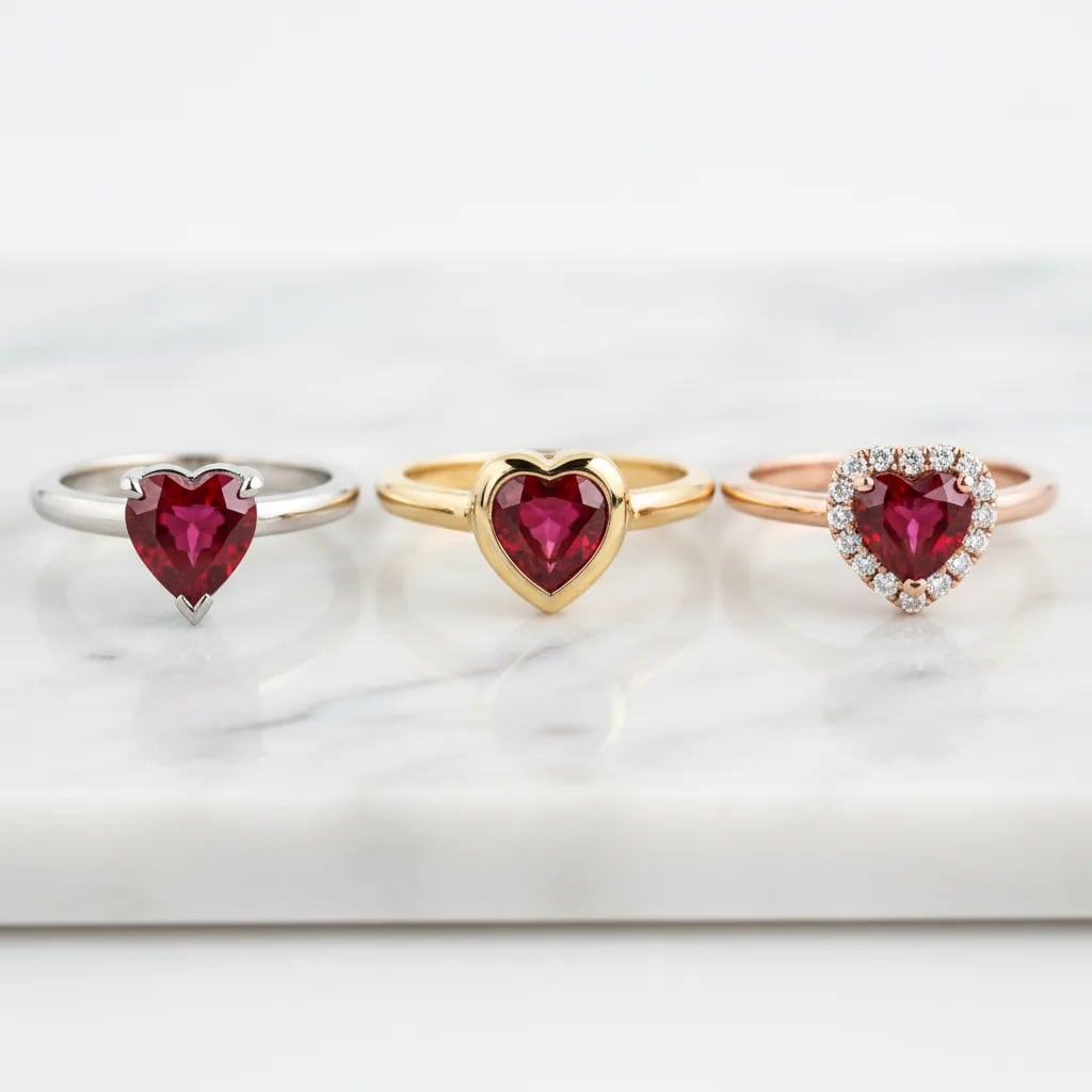 Comparison of V-prong, bezel, and halo settings for heart-shaped ruby rings