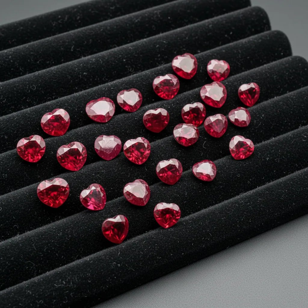 Collection of heart-shaped rubies in different carat sizes showing price progression