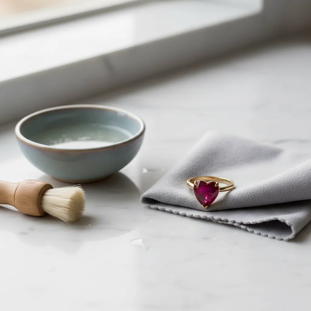 Jewelry cleaning tools with heart ruby ring — soft brush, mild soap, lint-free cloth
