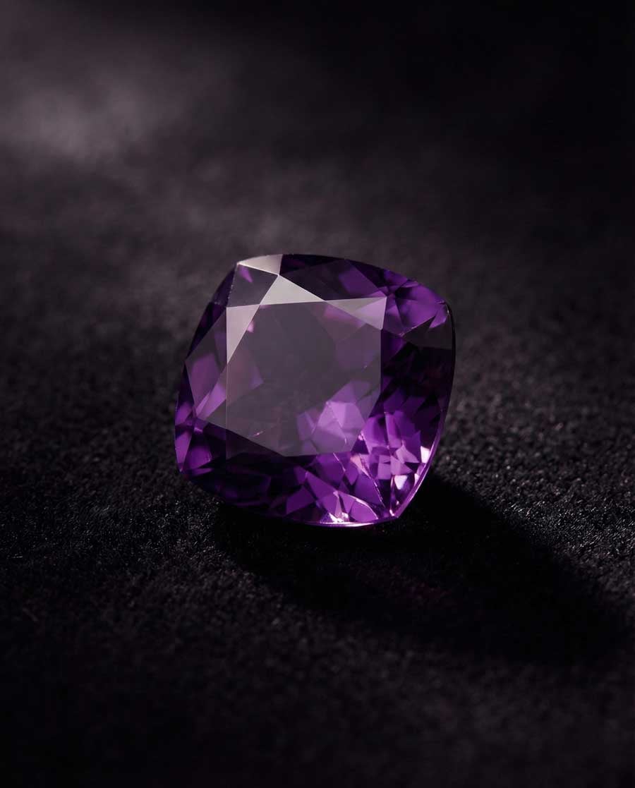 Ограненный аметист глубокого фиолетового цвета, демонстрирующий насыщенный фиолетовый оттенок с тонкими красными вспышками на нейтральном фоне