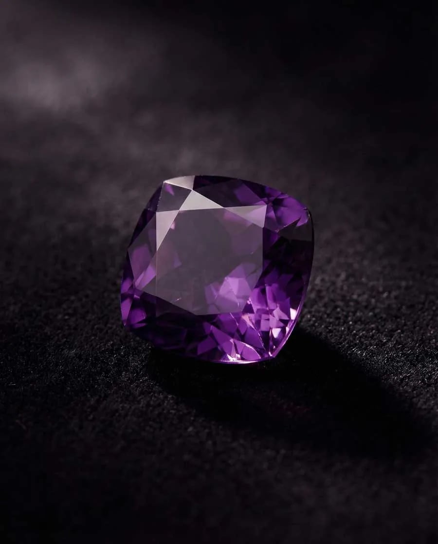 Deep purple faceted amethyst gemstone showcasing rich violet color with subtle red flashes on neutral background