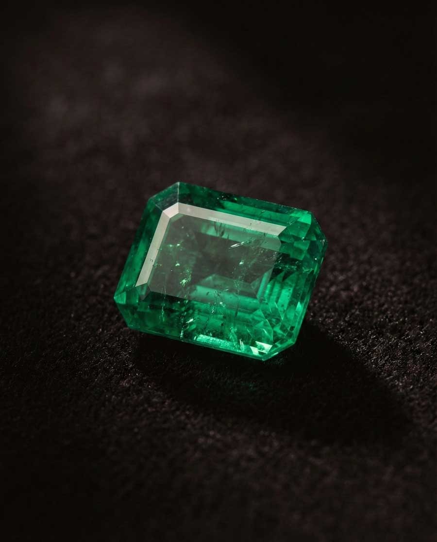 Vivid green Colombian emerald - May birthstone with characteristic jardin inclusions
