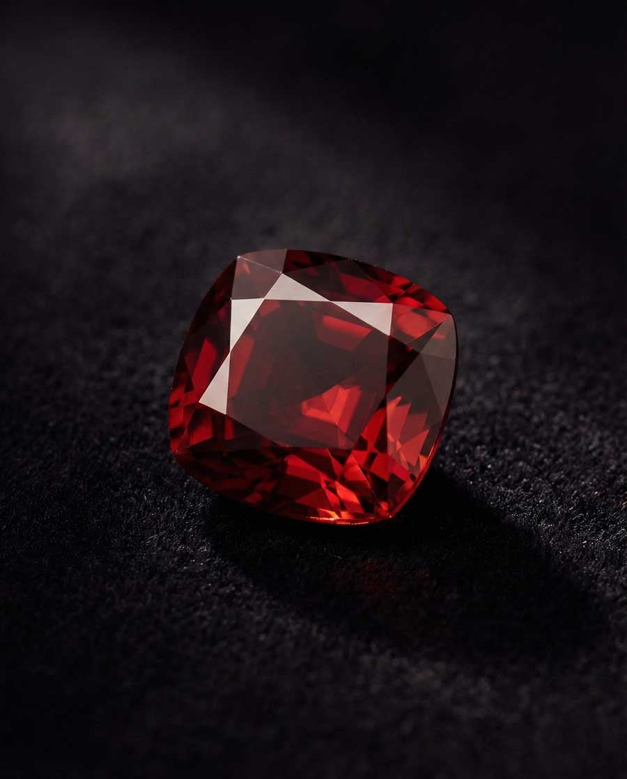 Крупный план глубокого красного альмандинового граната, демонстрирующий стеклянный блеск и насыщенность цвета камня января