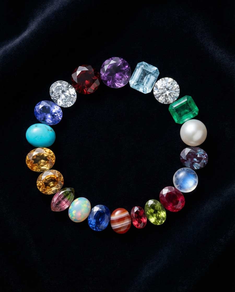 جدول كامل لأحجار الميلاد يعرض جميع الأحجار الكريمة الـ 12 الشهرية مرتبة حسب اللون والموسم