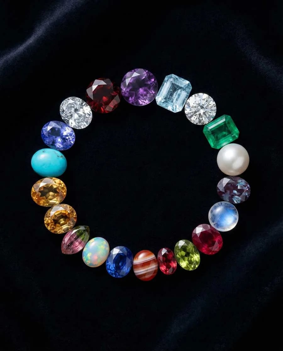 Complete birthstone chart showing all 12 monthly gemstones arranged by color and season