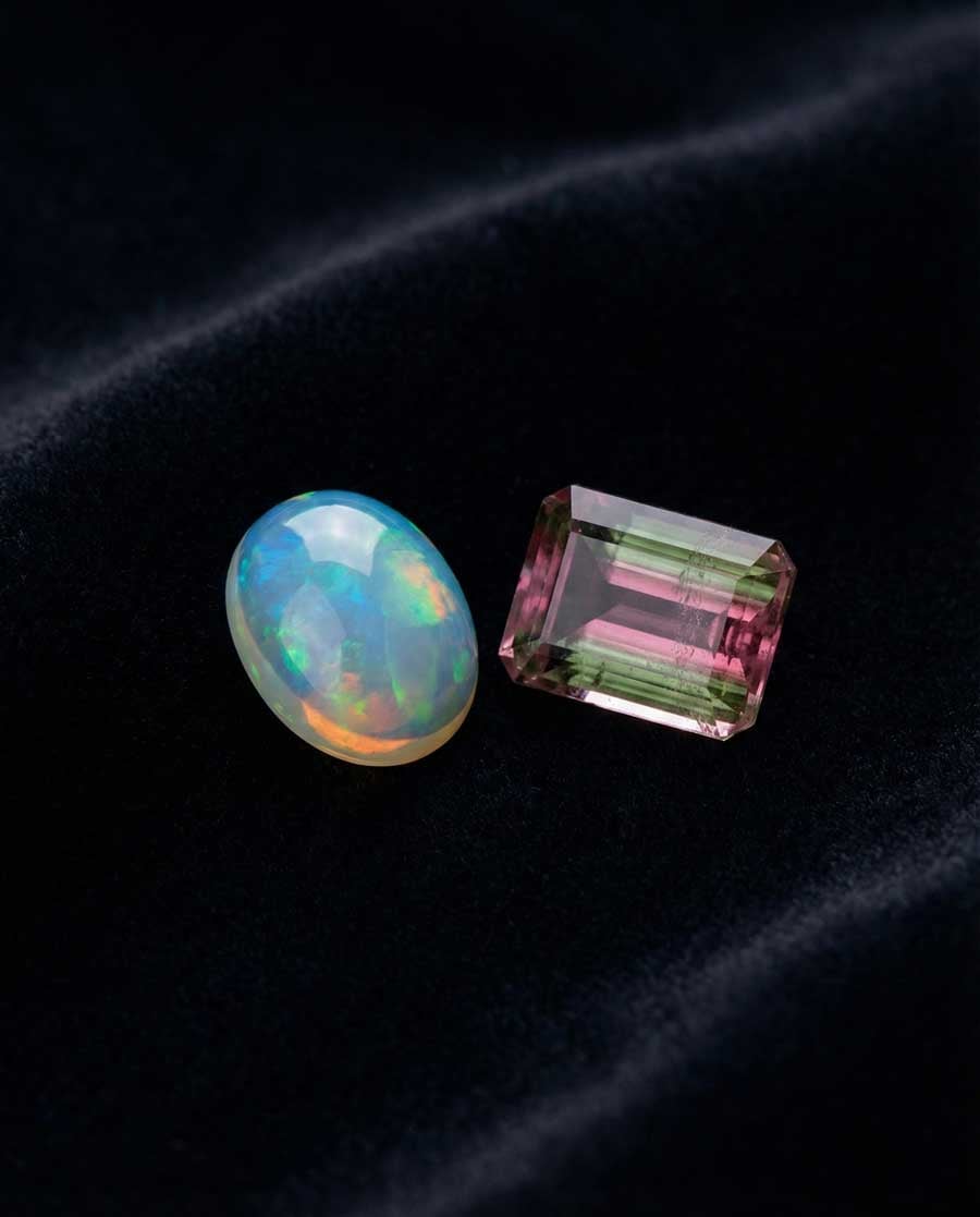 Split composition showing black opal with vivid play-of-color on left, multi-color watermelon tourmaline slice on right