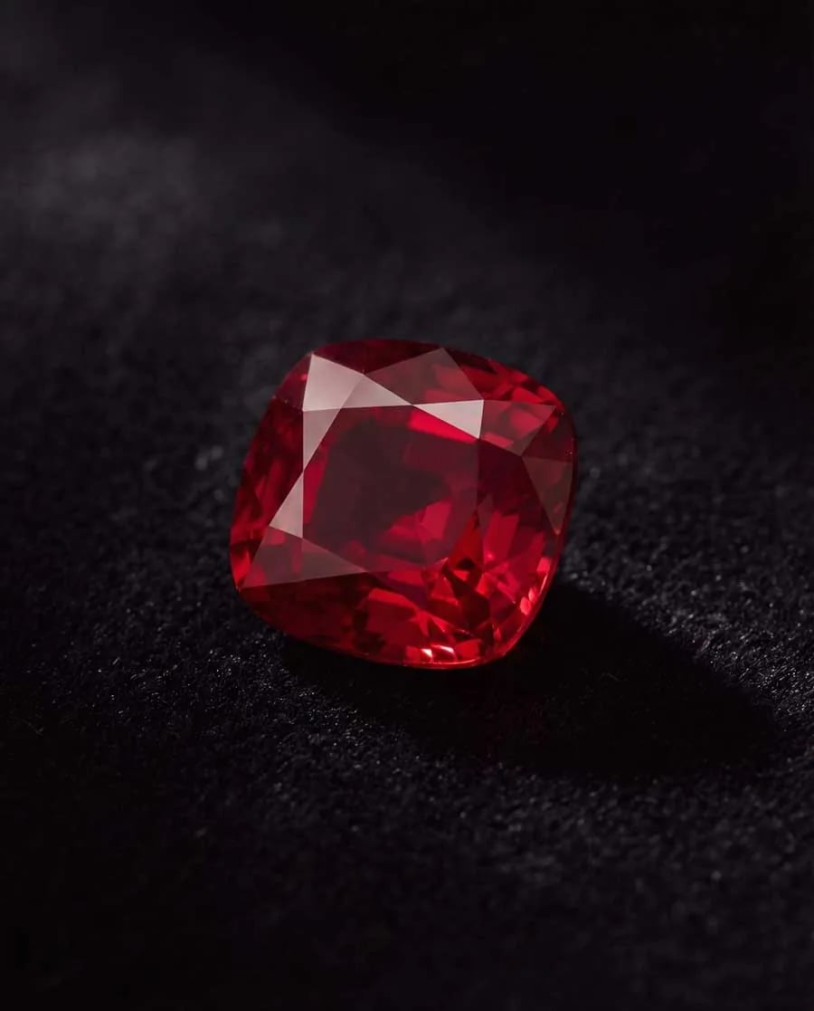 Close-up of deep red Burmese pigeon blood ruby gemstone showcasing July birthstone's vivid red color with slight blue undertones