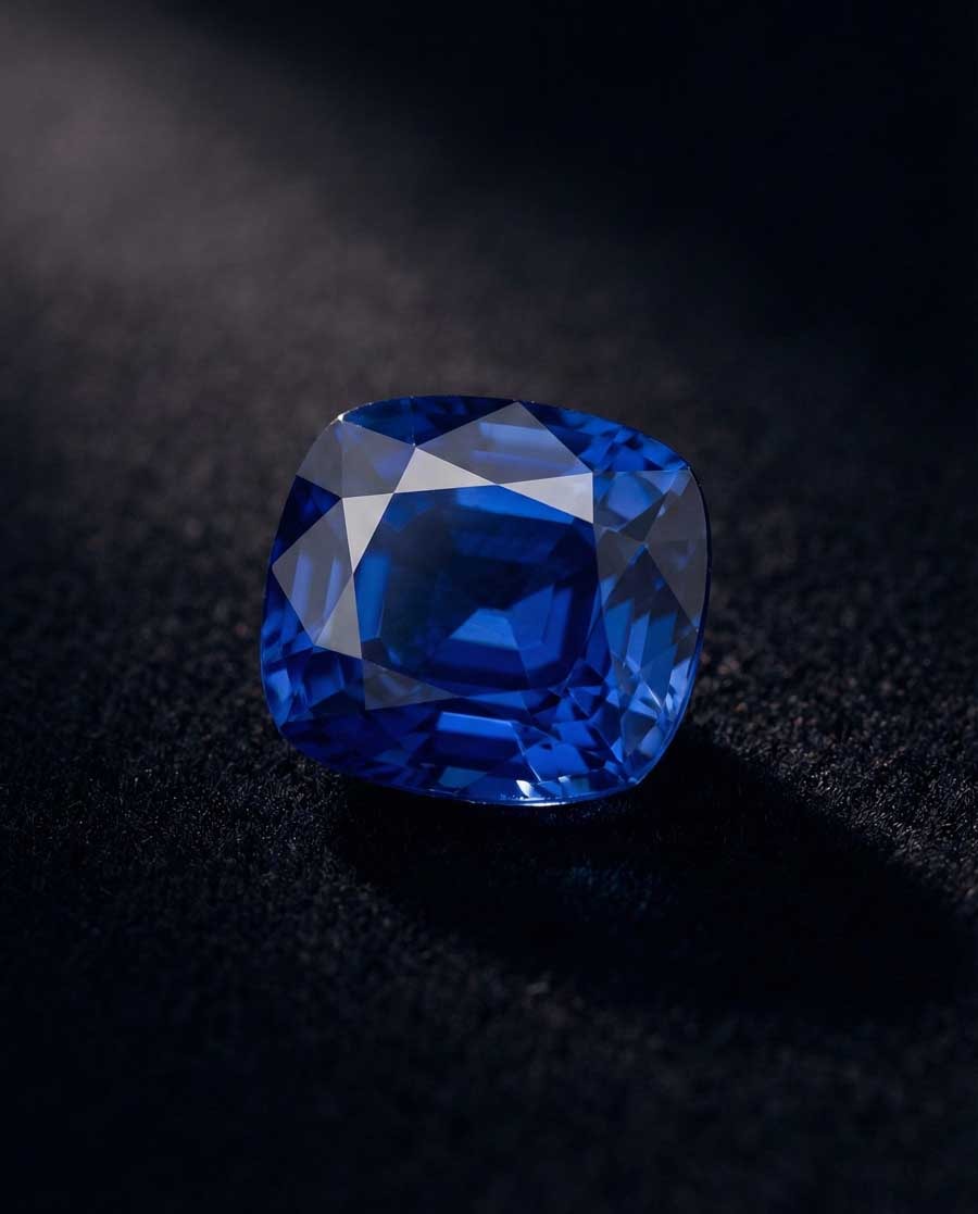 Яркий кашмирский сапфир характерного василькового синего цвета с бархатистой текстурой — камень рождения сентября