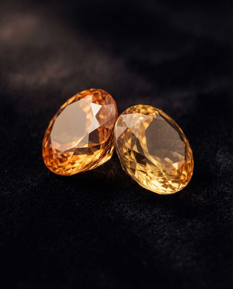 Сравнительная демонстрация империал-топаза (слева) и цитрина (справа), оба в подушкообразной огранке, на нейтральном сером фоне с профессиональным ювелирным освещением