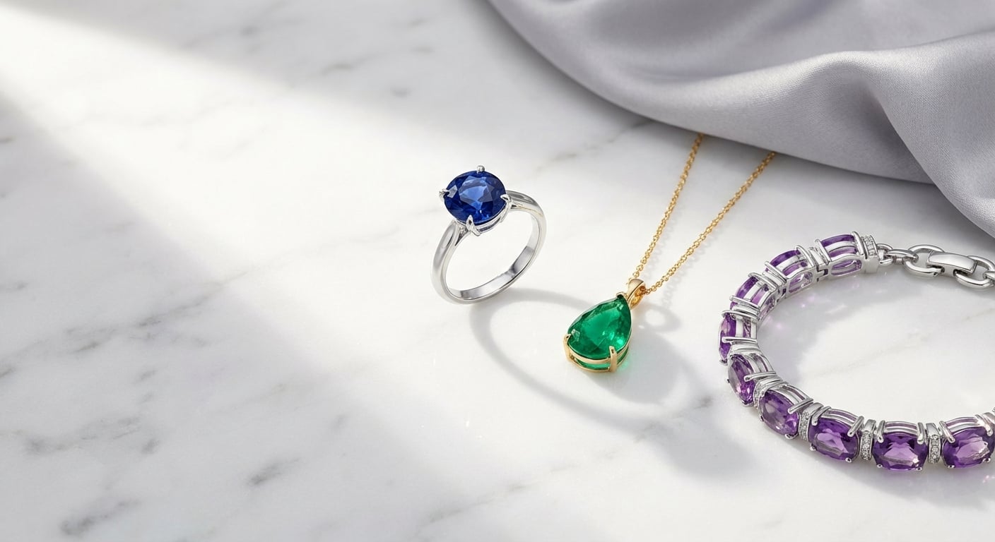 A curated display of loose certified birthstone gemstones arranged by month, from garnet to tanzanite, photographed on a jeweler's velvet tray