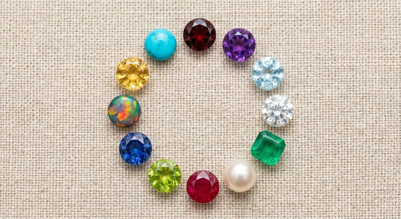 A circular arrangement of twelve certified loose birthstones from garnet to tanzanite, each labeled by month, photographed on dark velvet