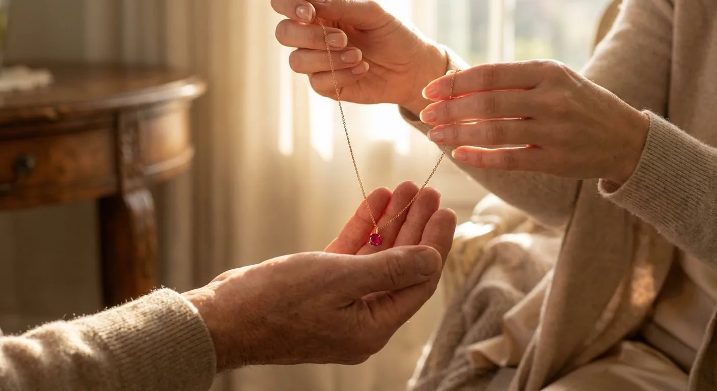 A person's hands carefully presenting a delicate ruby birthstone necklace as a personal gift, symbolizing the emotional meaning behind birthstone jewelry