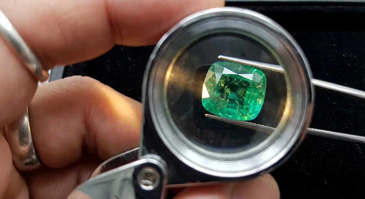 A gemologist using a loupe to examine color saturation and clarity of a large emerald, demonstrating the professional quality assessment process
