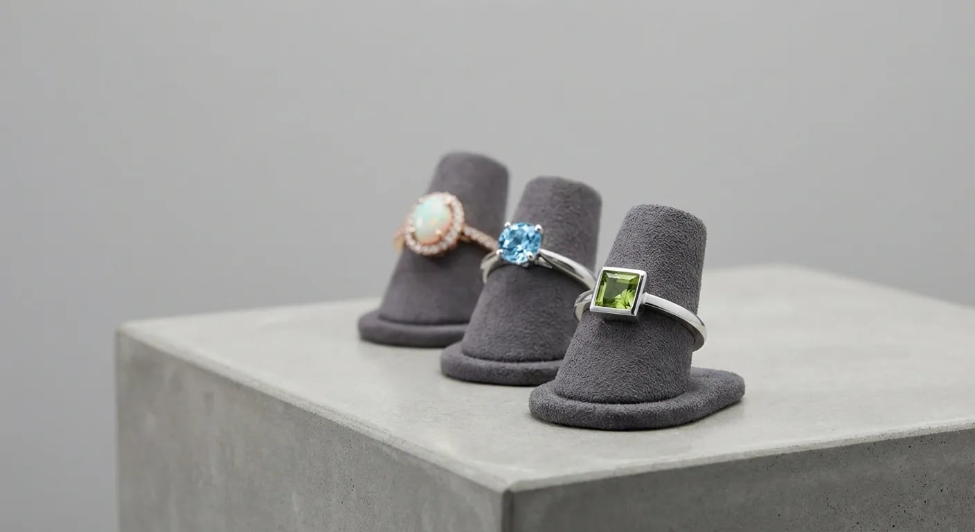 Three distinct birthstone jewelry styles side by side: a minimalist peridot ring, a classic aquamarine solitaire, and a vintage-inspired opal ring with filigree details