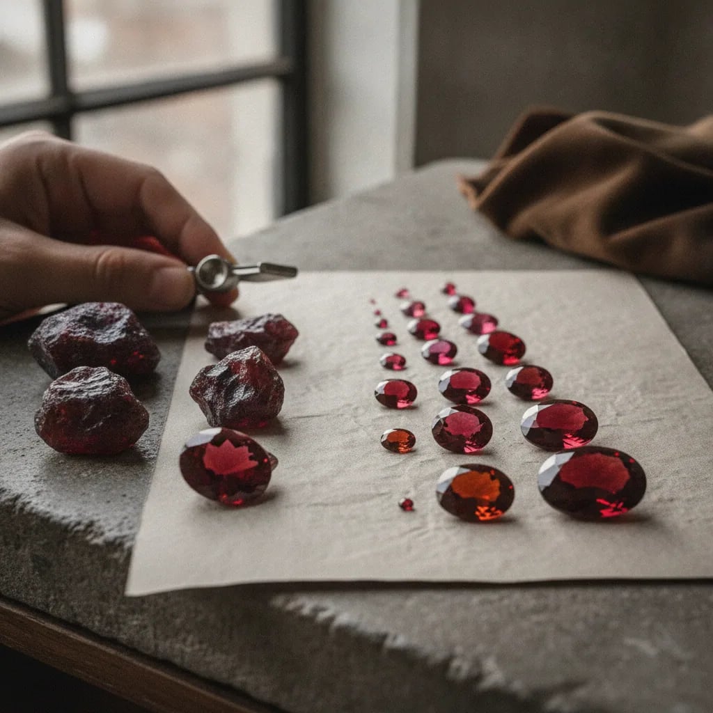 Garnet range from rough to calibrated stones, including orange spessartine