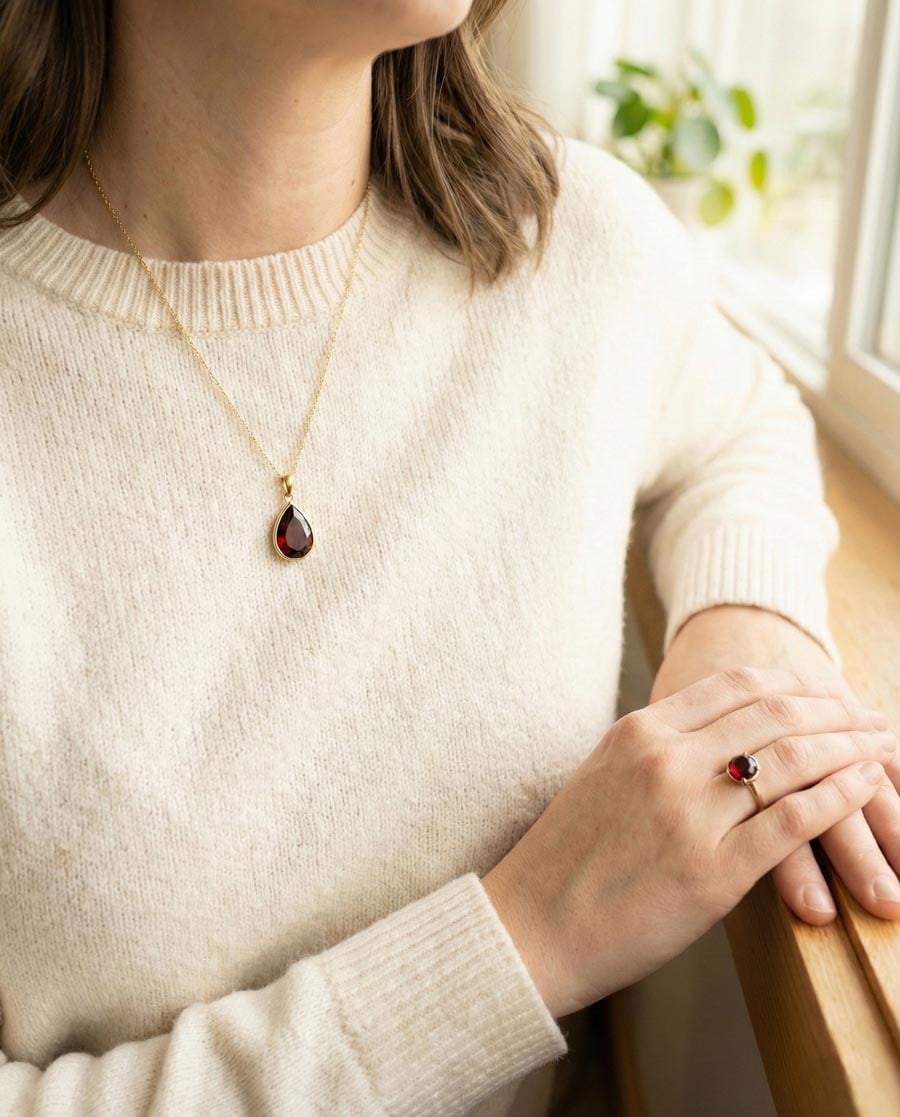Женщина в элегантном гранатовом кольце и подвеске камня рождения в золотых оправах