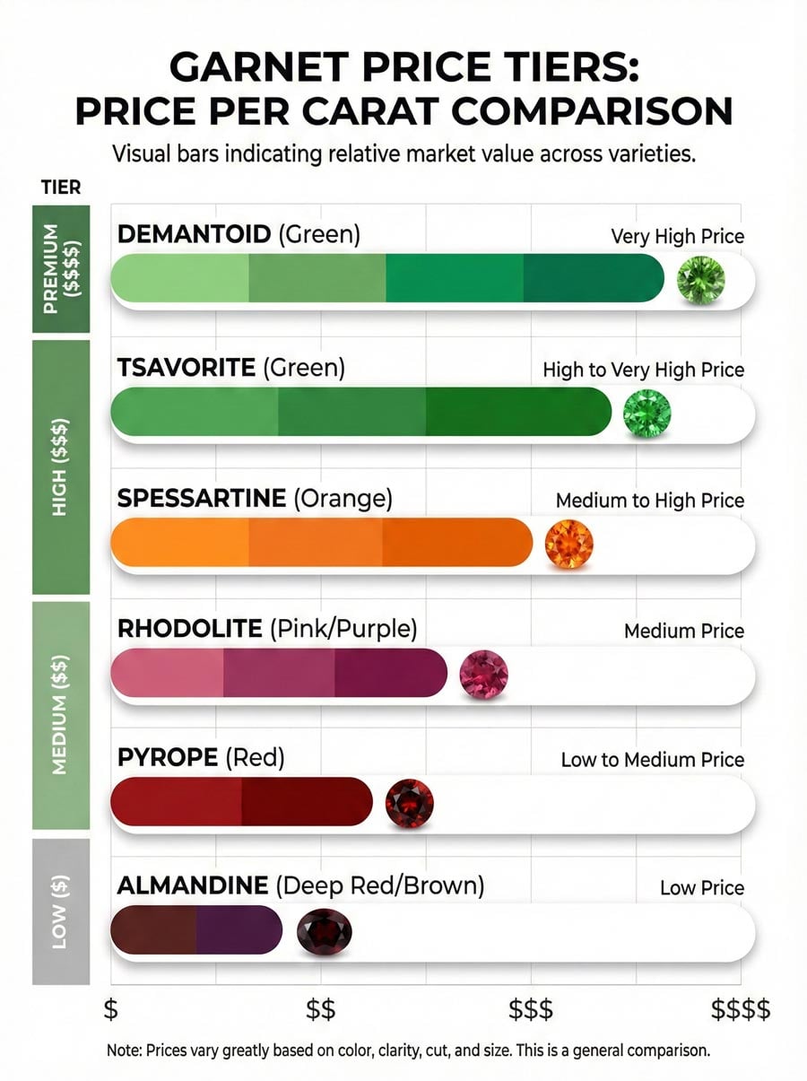 Инфографика, показывающая ценовые категории граната, сравнивающая разновидности по цене за карат