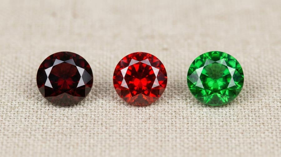 Сравнение трёх разновидностей граната (альмандин, пироп, тсаворит), демонстрирующее цветовое разнообразие