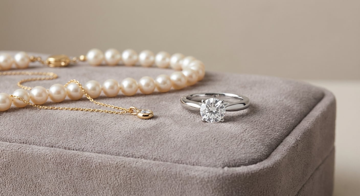 Fine jewelry care essentials showing a soft cleaning cloth, mild soap solution, and precious gemstone rings laid on velvet
