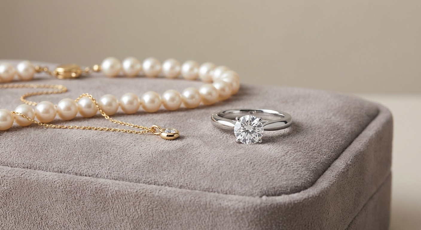 Fine jewelry care essentials showing a soft cleaning cloth, mild soap solution, and precious gemstone rings laid on velvet