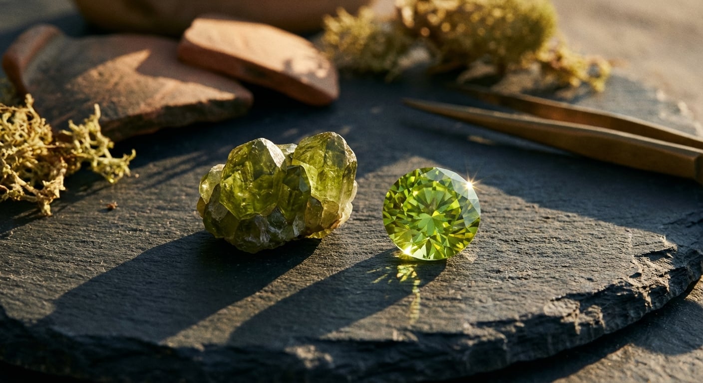 Необработанный, неогранённый кристалл хризолита рядом с полированным камнем, иллюстрирующий историю хризолита от вулканического происхождения до сокровищ фараонов.