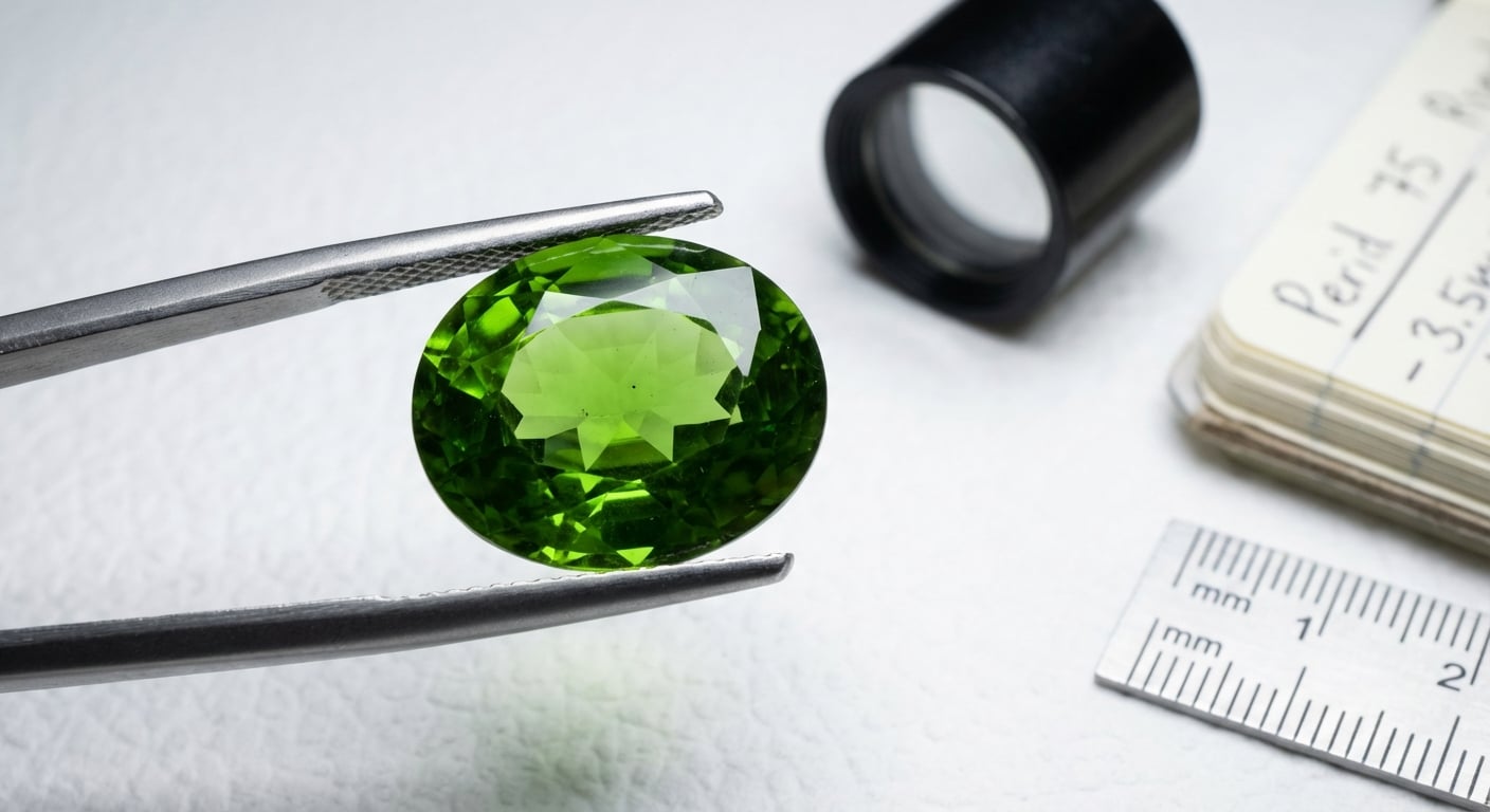 Взгляд геммолога на высококачественный хризолит, демонстрирующий его исключительный цвет и чистоту, видимую невооружённым глазом, ключевые факторы его ценности.