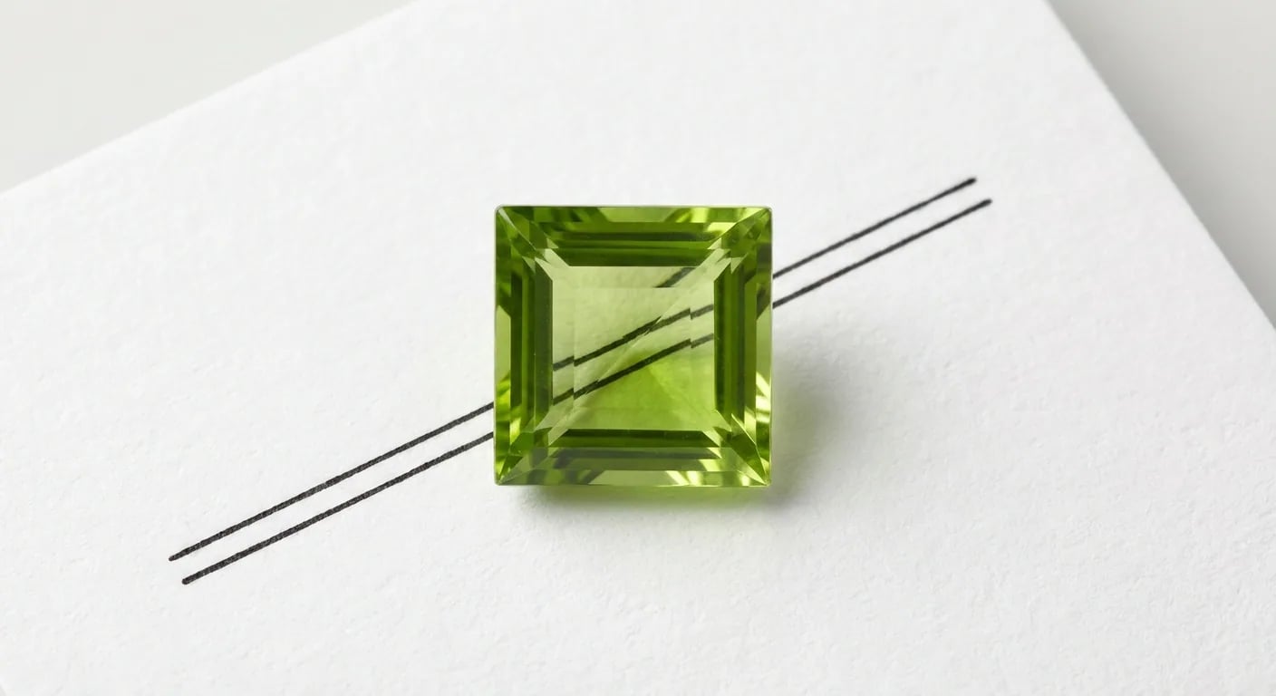 Une pierre précieuse de péridot authentique démontrant sa double réfraction caractéristique, un test clé pour déterminer si un péridot est véritable.