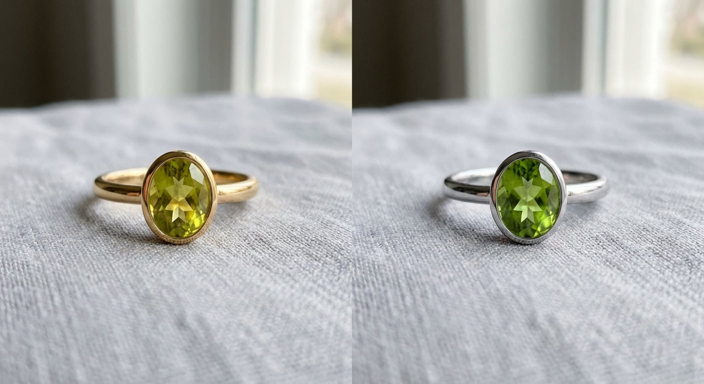 Два кольца с хризолитом, одно в жёлтом золоте и одно в белом золоте, демонстрирующие лучшие сочетания металлов для стилизации ювелирных изделий с хризолитом.