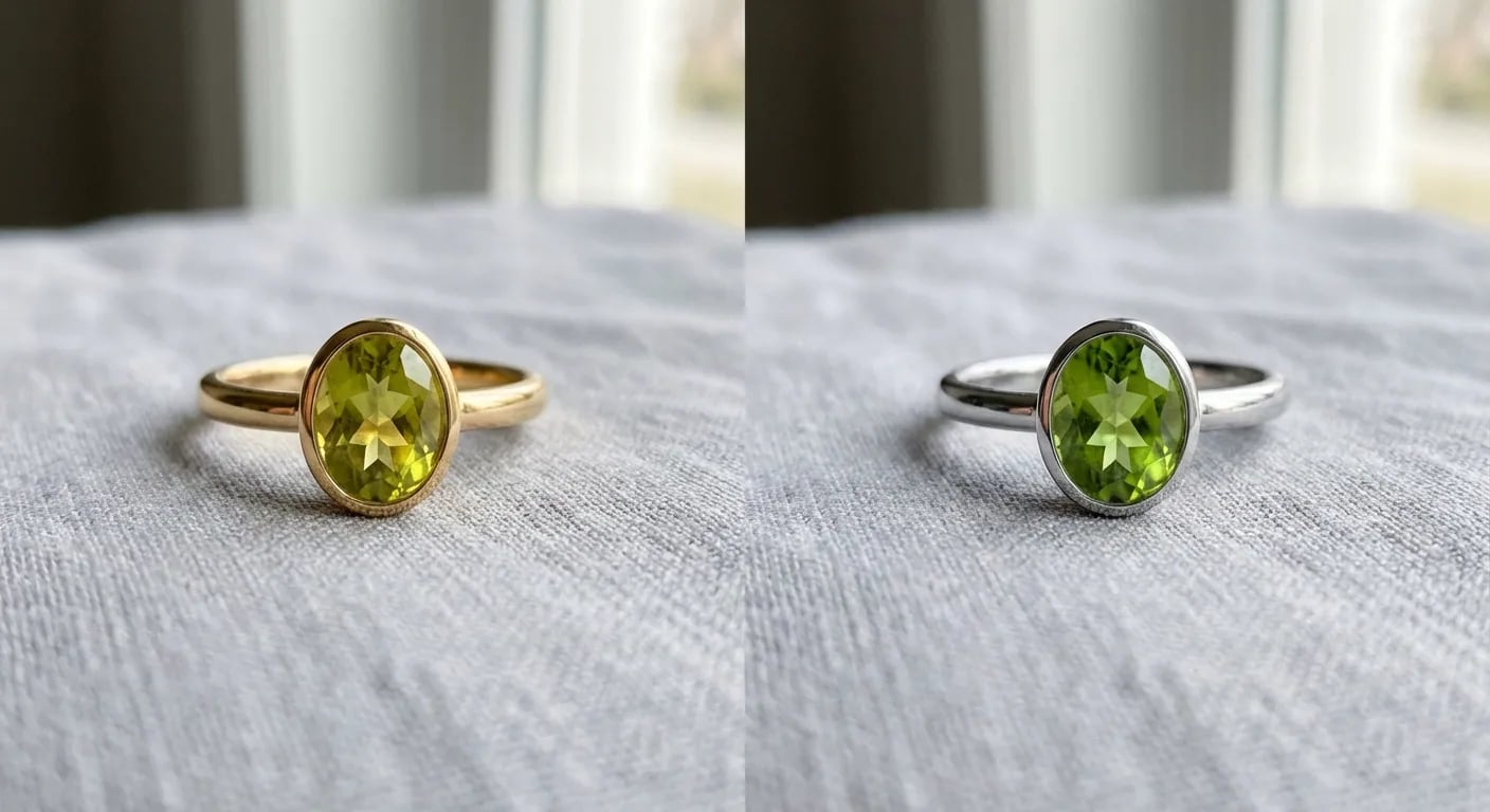 Deux bagues en péridot, une en or jaune et une en or blanc, présentant les meilleures associations de métaux pour styliser les bijoux en péridot.