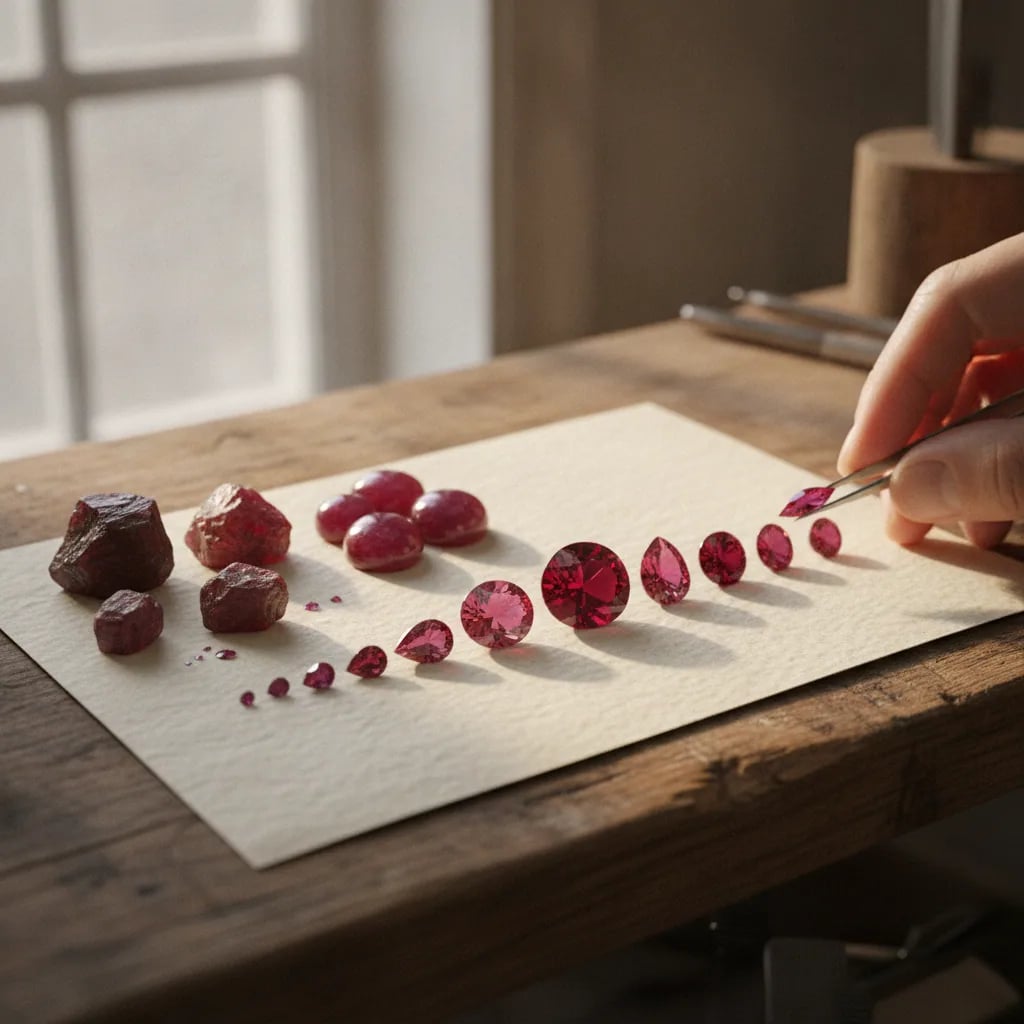 Rubies from rough to cabochon to faceted, laid out on paper
