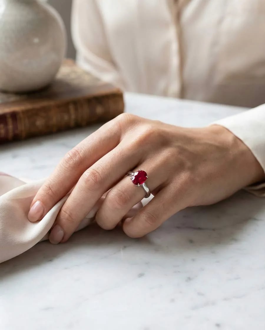 Personne née en juillet portant des bijoux en rubis symbolisant passion et courage