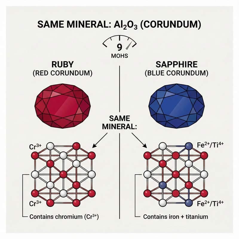 Образовательная диаграмма, показывающая рубин (красный корунд) и сапфир (синий корунд) рядом с одинаковой кристаллической структурой