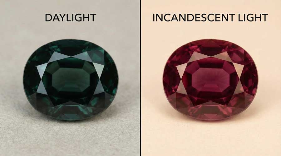Alexandrite color-change phenomenon: same gemstone appears emerald green in daylight and ruby red under incandescent light