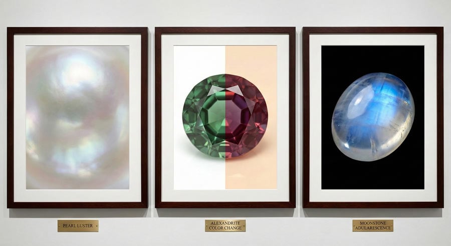 June birthstones comparison: pearl strand, color-changing alexandrite, and blue moonstone with adularescence