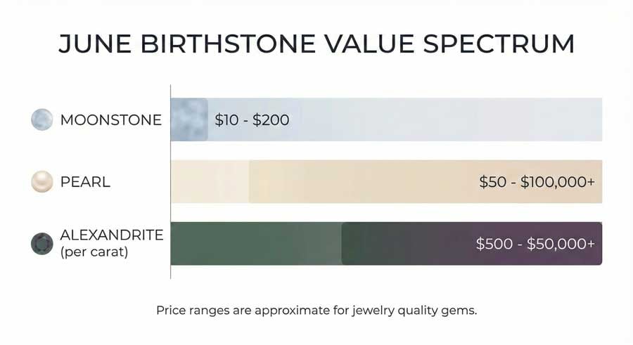 June birthstone price comparison chart: moonstone $10-200, pearl $50-100K+, alexandrite $500-50K+ per carat