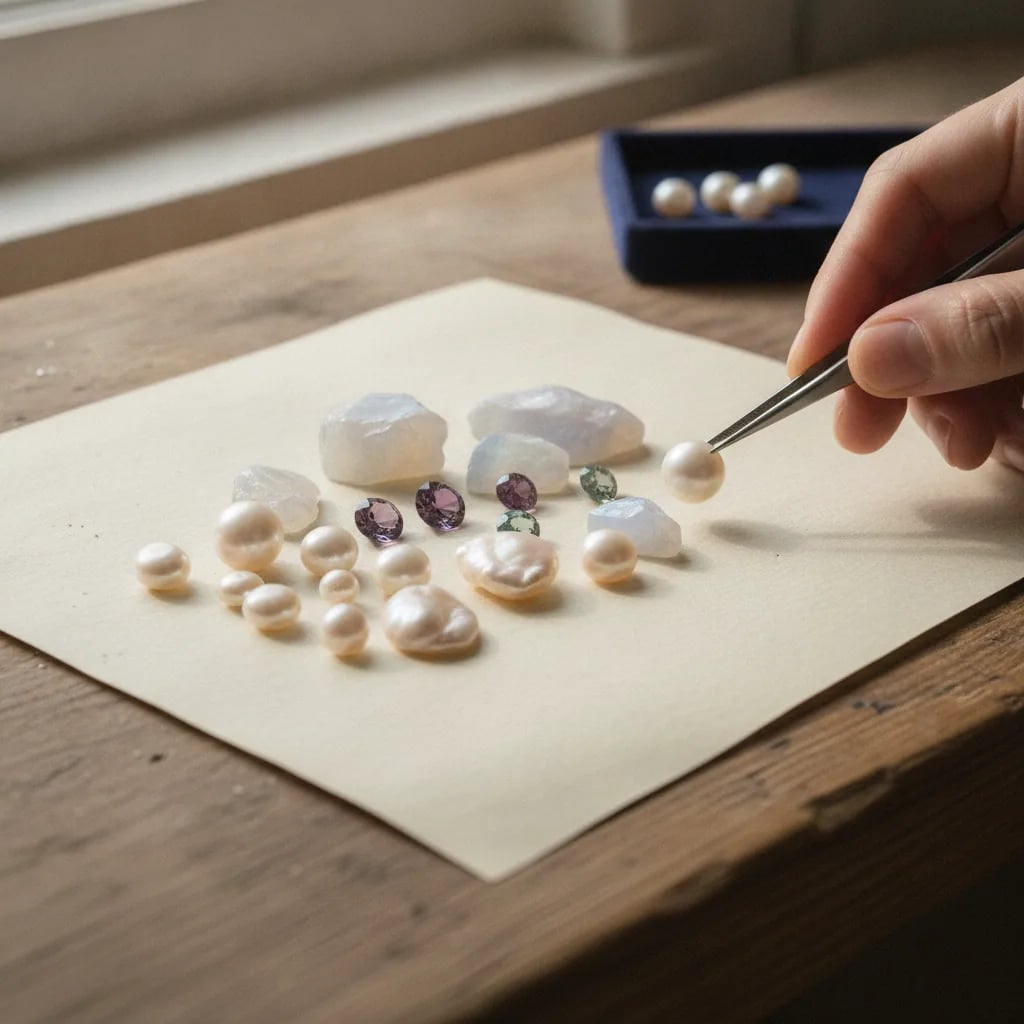 Pearls, moonstone rough and alexandrite rounds laid out together