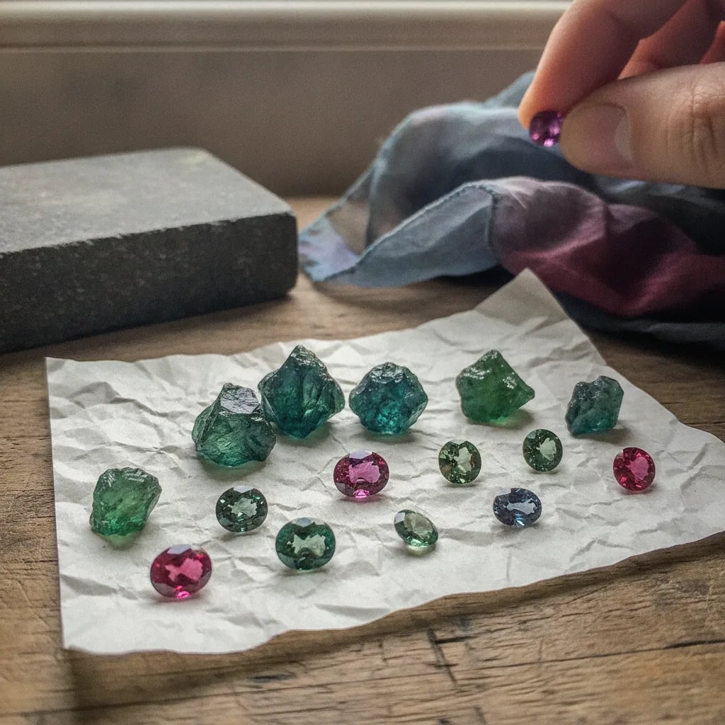 Alexandrite rough and cut stones showing green and purple-red states