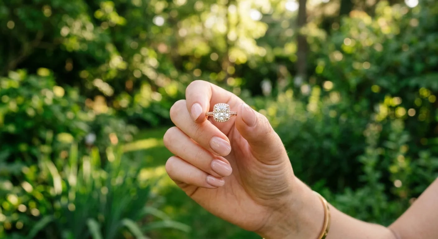 A lab grown diamond ring held gently, symbolizing ethical sourcing and reduced environmental impact.