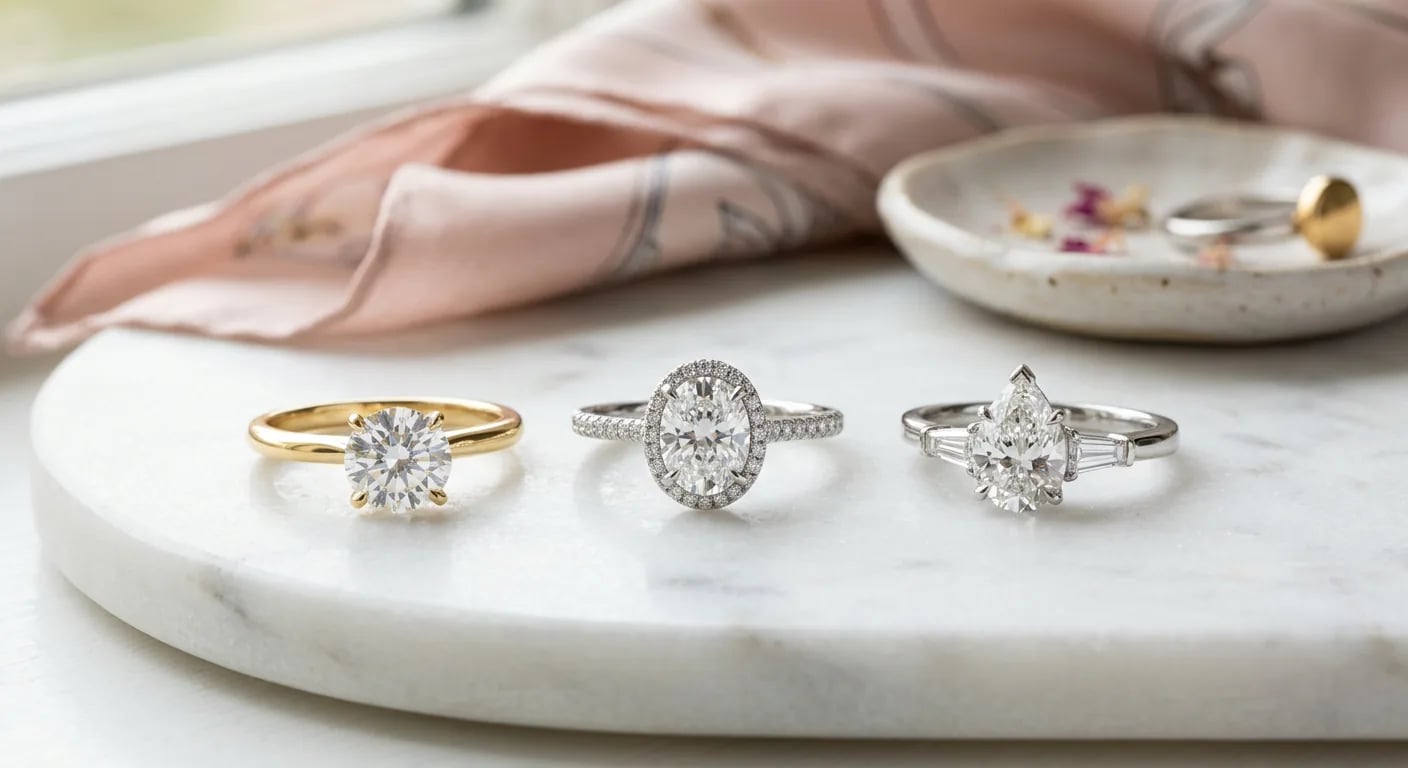 A selection of lab grown diamond rings in various shapes (round, oval, pear) and settings (solitaire, halo) on a marble surface.