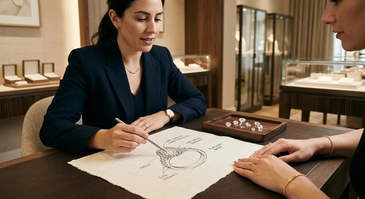 A close-up of a jewelry designer and client discussing a custom lab grown diamond ring design with sketches and loose stones.