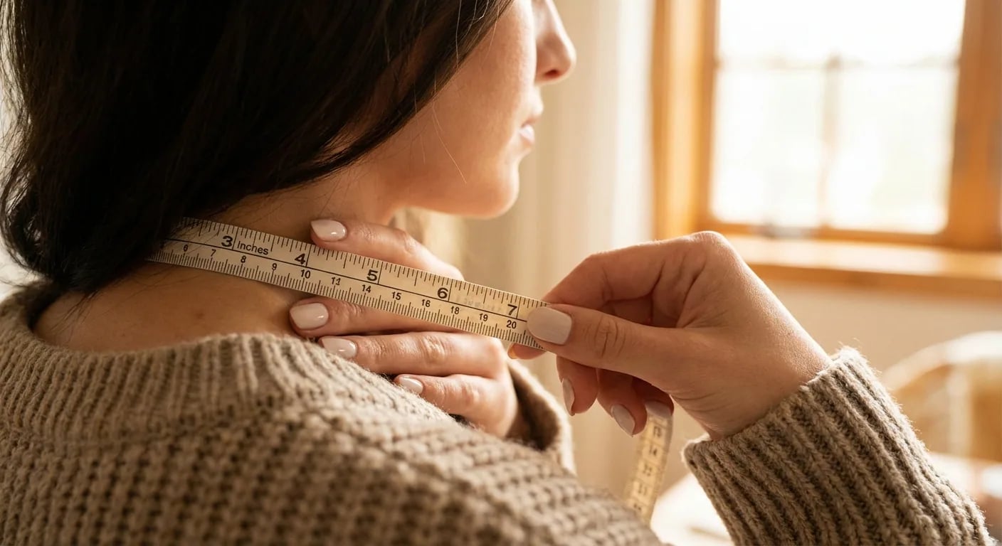 Un gros plan des mains d'une femme utilisant un ruban à mesurer souple pour trouver son tour de cou correct, étape clé pour choisir la bonne longueur de collier.