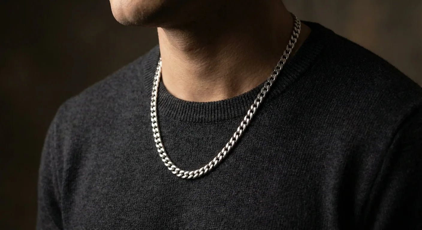 Un gros plan sur la clavicule d'un homme montrant la longueur de collier masculin la plus populaire de 50 cm, un choix polyvalent pour le port quotidien.