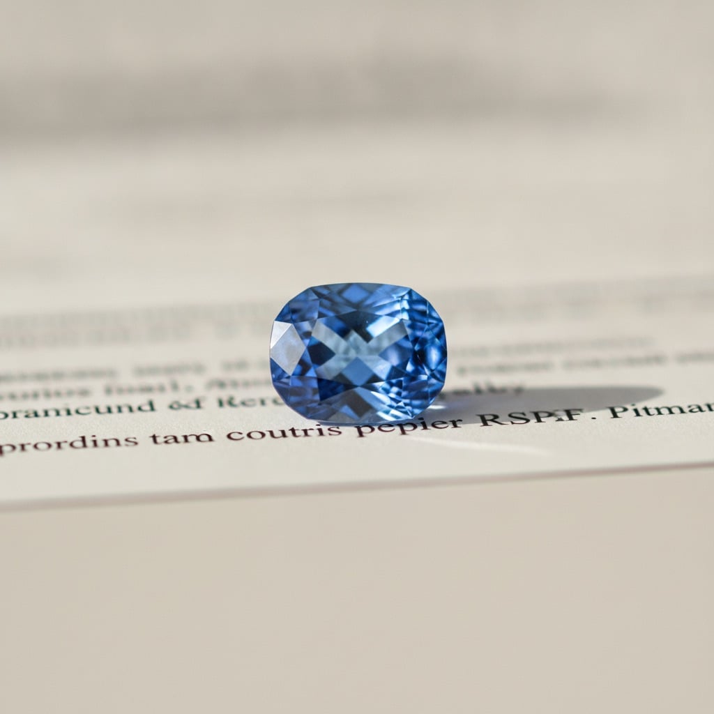 Un saphir bleu taillé posé sur un rapport de laboratoire, seule preuve du statut non chauffé