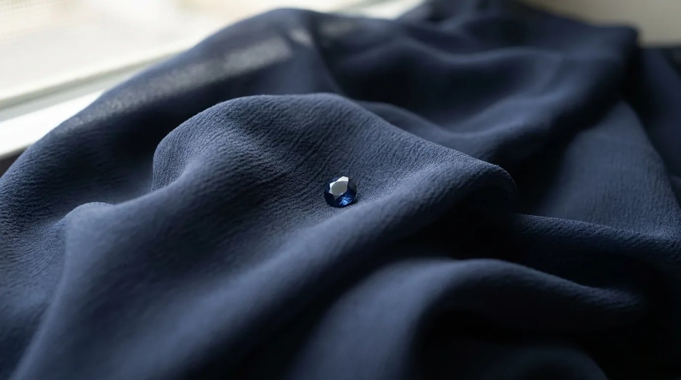 A loose blue sapphire resting on blue silk dress fabric, the something blue tradition in one frame