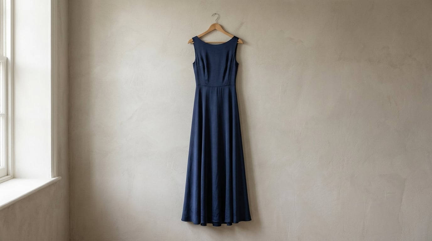 A long navy blue silk dress hanging on a wooden hanger in soft daylight
