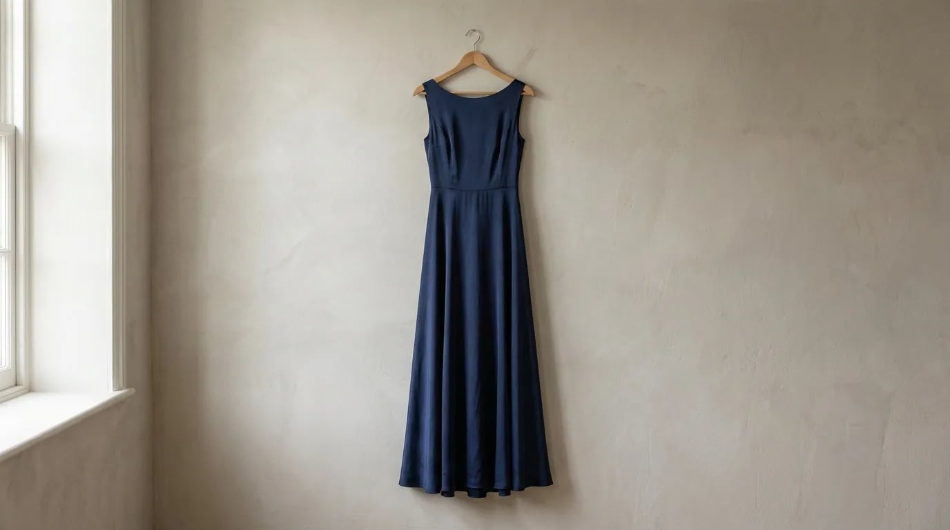 A long navy blue silk dress hanging on a wooden hanger in soft daylight