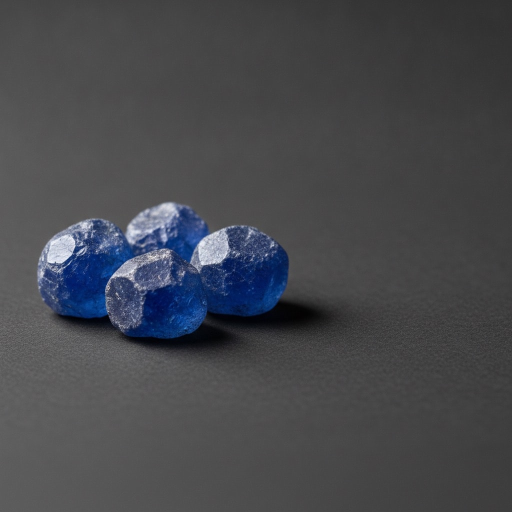 Macro de cristaux de saphir bleu bruts sur fond sombre, état naturel avant tout traitement thermique