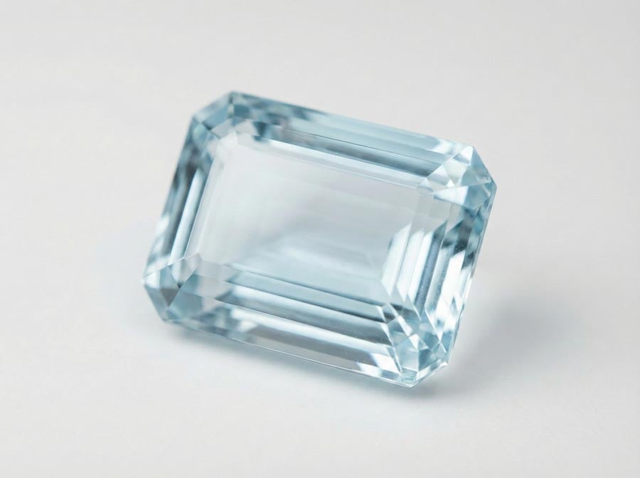 Aigue-marine taille émeraude haute clarté montrant couleur bleue transparente et pureté interne exceptionnelle