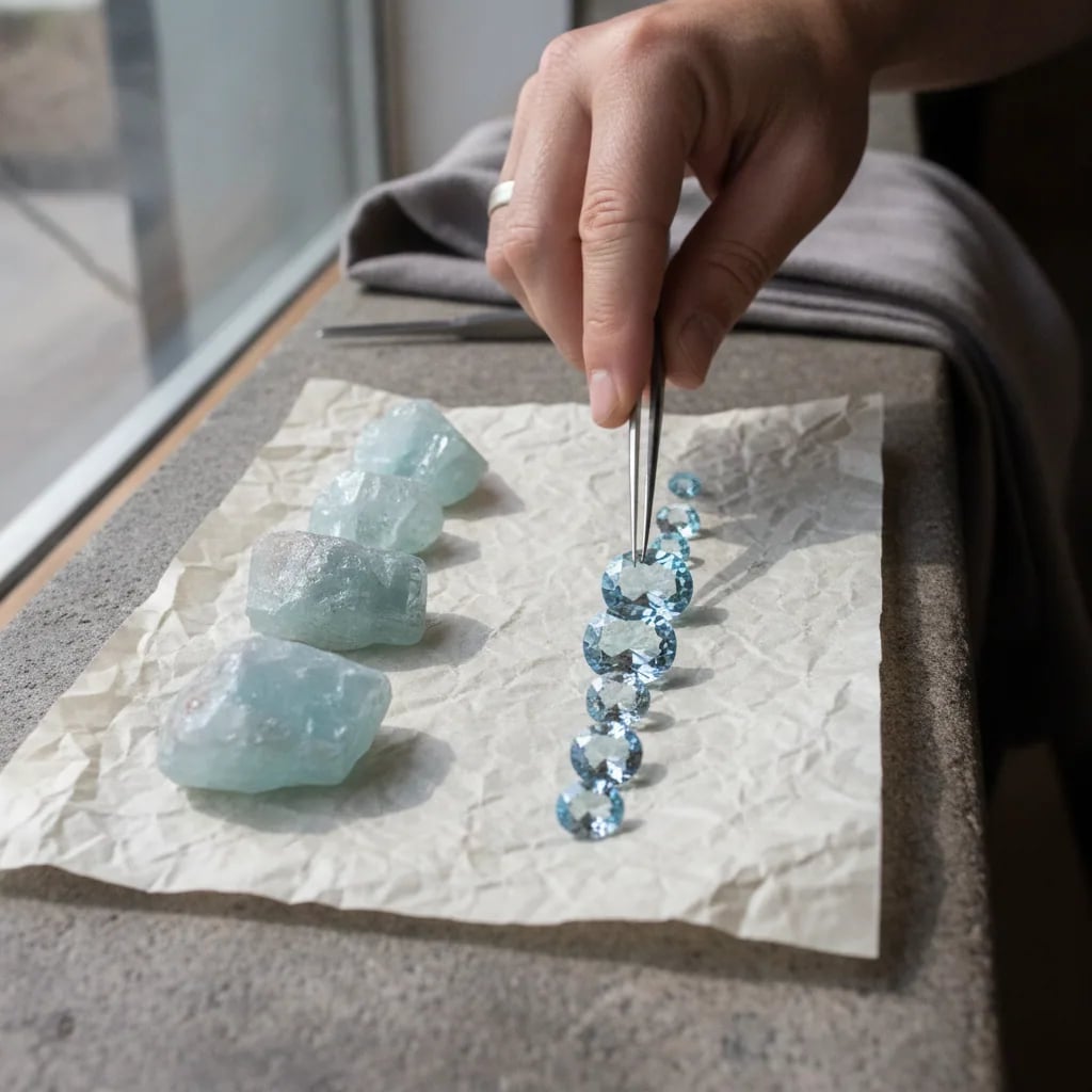 Rough aquamarine beside a graduated row of cut aquamarines being sorted with tweezers